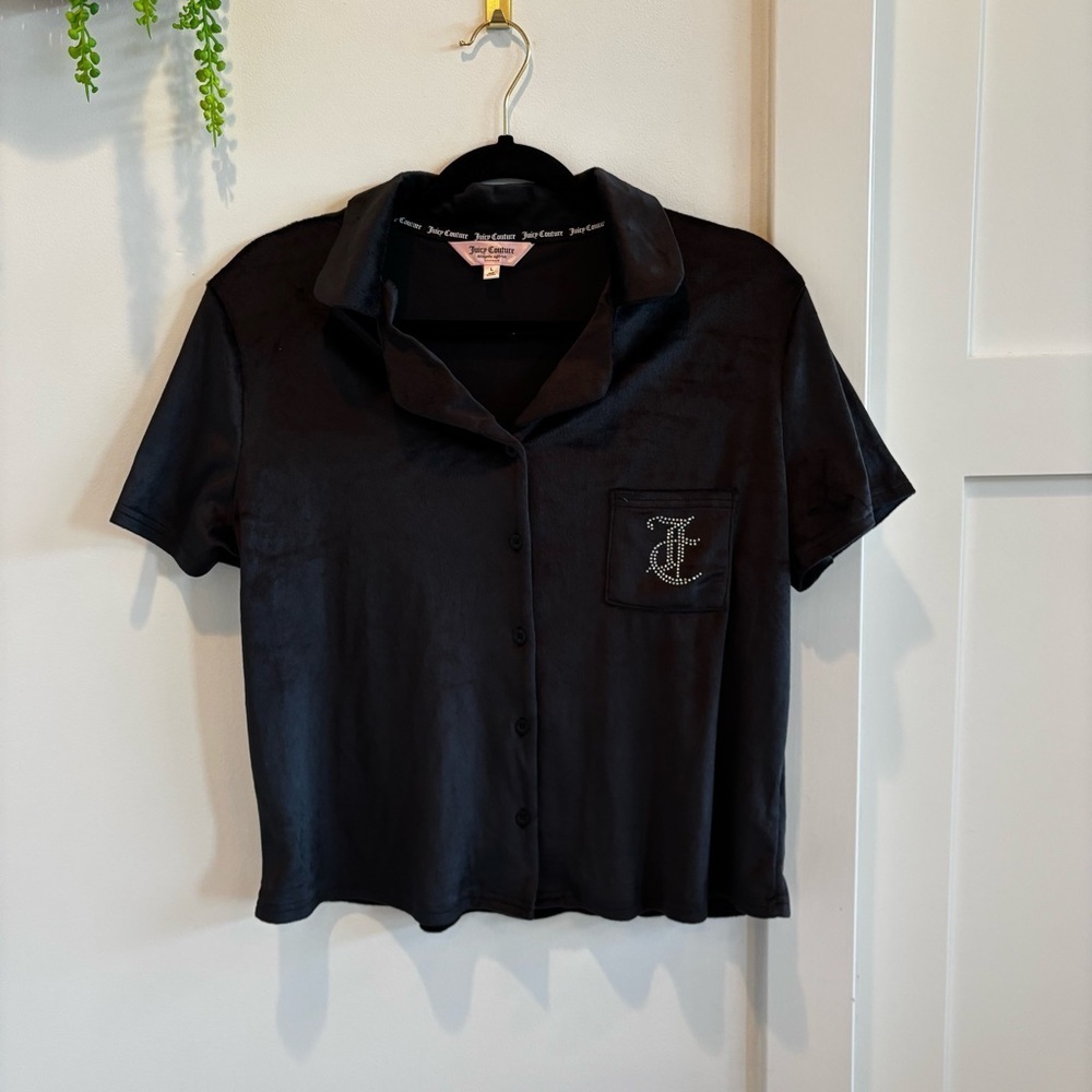 Juicy Couture Black Velour Button Up Sleepwear Top Stud Bling Juicy Back Size L